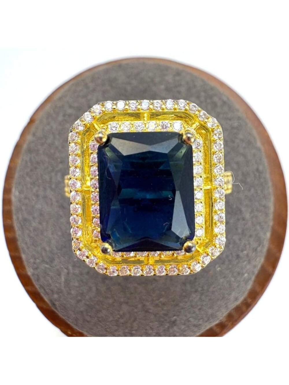 Large Synthetic Sapphire Gold Over Sterling Silver 925 CZ Halo Ring Size 6